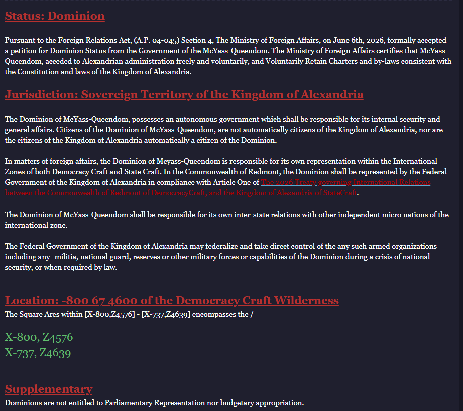 Alexandrian Recognition of The McYass-Queendom
